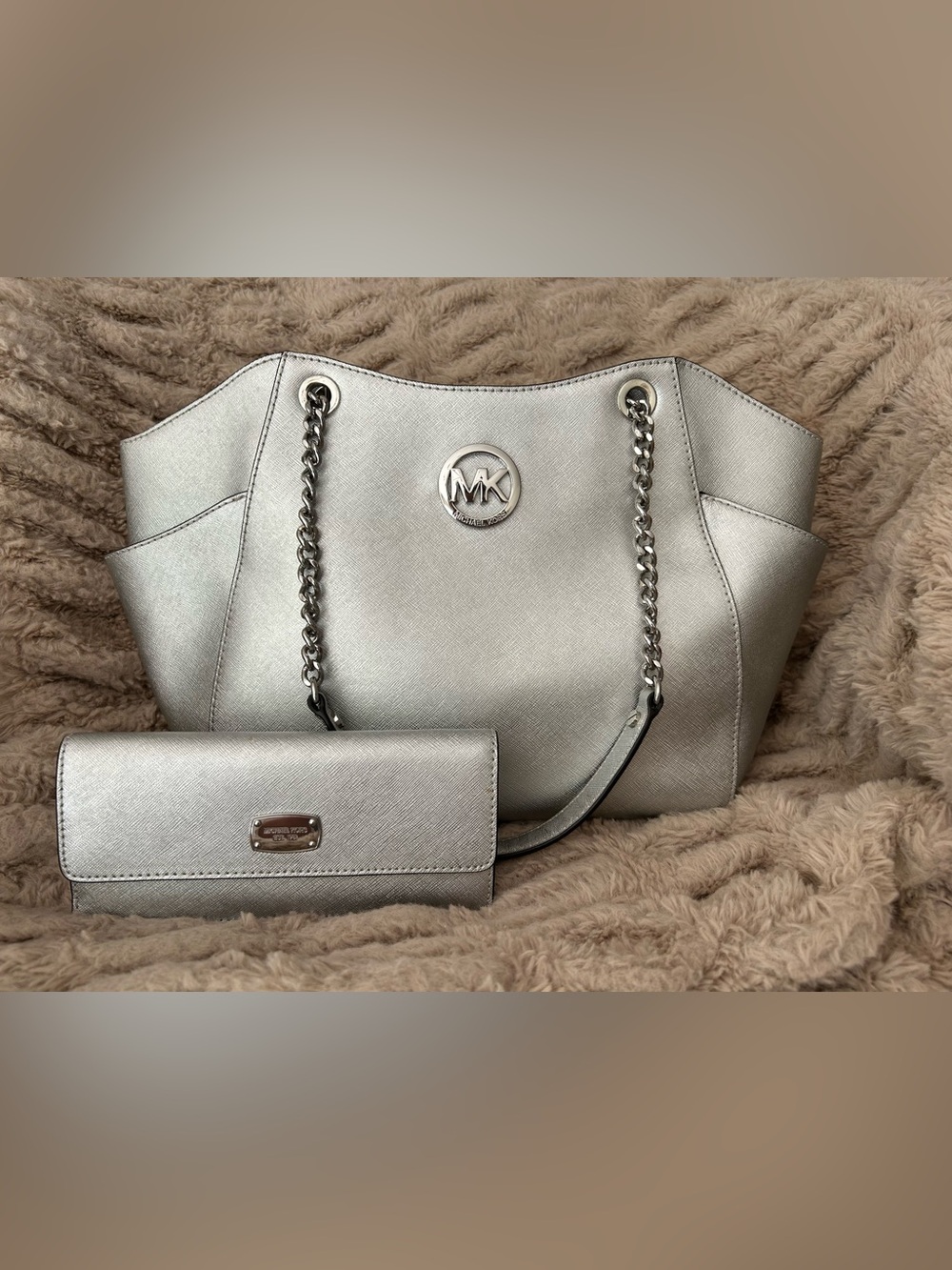 Michael Kors Metallic Silver Saffiano Tote with Matching Wallet